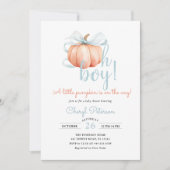 Little Pumpkin on the Way Blue Bow Boy Baby Shower 招待状 (正面)