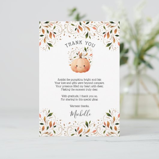 Little Pumpkin on the Way Fall Floral Baby Shower サンキューカード (スタンド正面)