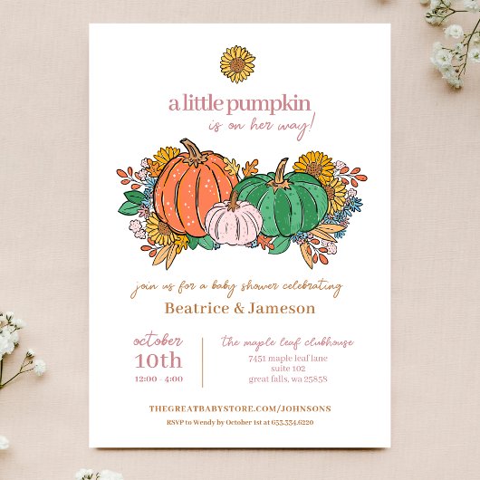 Little Pumpkin On the Way Girl Baby Shower 招待状