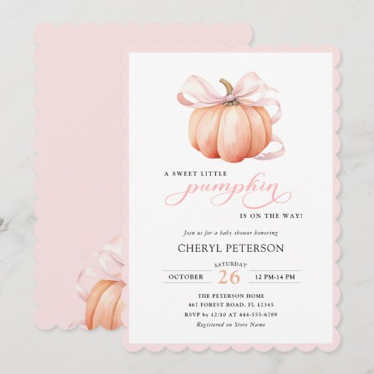 Little Pumpkin on the Way Pink Bow Baby Shower 招待状 (正面/裏面)