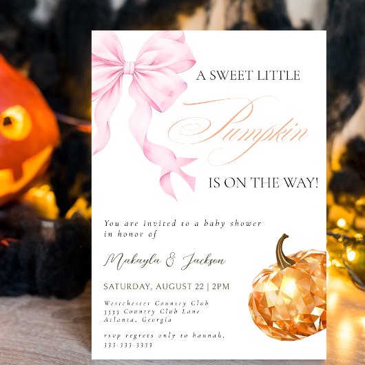 Little Pumpkin on the Way Pink Bow Baby Shower 招待状