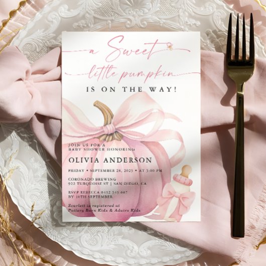 Little Pumpkin on the Way Pink Bow Baby Shower 招待状