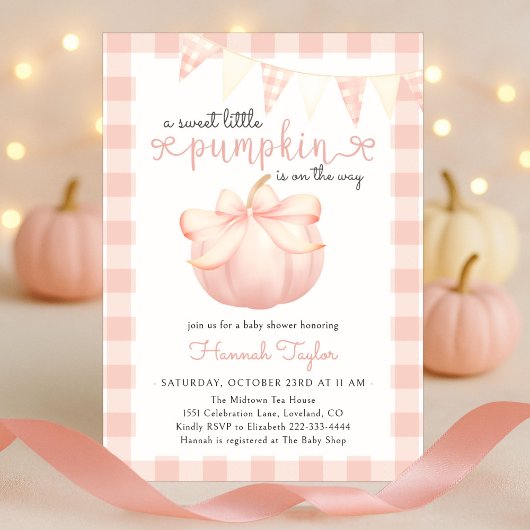 Little Pumpkin on the Way Pink Bow Baby Shower 招待状