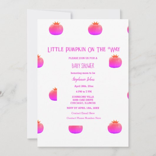Little Pumpkin On The Way Pink Girl Baby Shower 招待状 (正面)