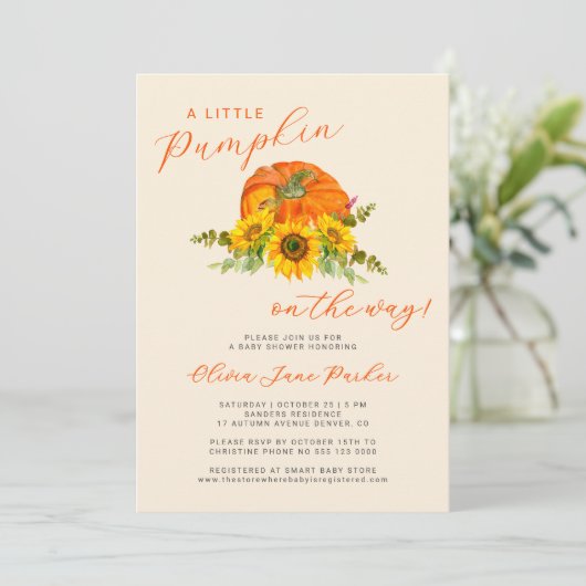 Little pumpkin orange boho fall floral baby shower 招待状 (スタンド正面)