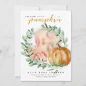 Little Pumpkin Photo Fall Greenery Baby Shower  サンキューカード (正面)