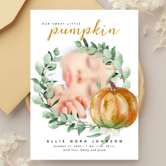Little Pumpkin Photo Fall Greenery Baby Shower  サンキューカード