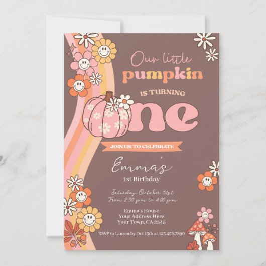 Little Pumpkin Retro 1st Birthday Invitation 招待状 (正面)