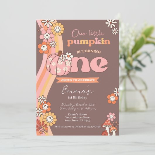 Little Pumpkin Retro 1st Birthday Invitation 招待状 (スタンド正面)