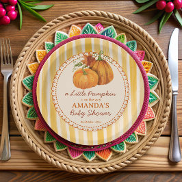 Little pumpkin retro stripes baby shower monogram ペーパープレート