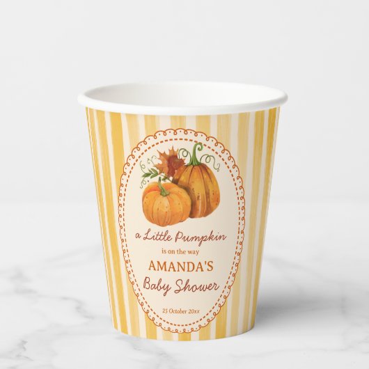 Little pumpkin retro stripes baby shower monogram 紙コップ (正面)