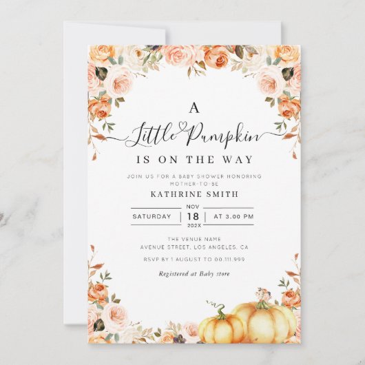little pumpkin script baby shower invitation 招待状 (正面)