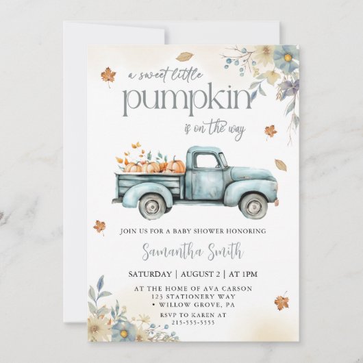 Little pumpkin Truck fall autumn baby shower 招待状 (正面)