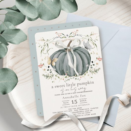 Little Pumpkin Wildflower Blue Boy Baby Shower 招待状