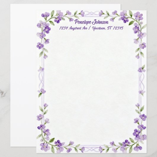Little Purple Flowers on a Frame Stationery Paper (正面/裏面)
