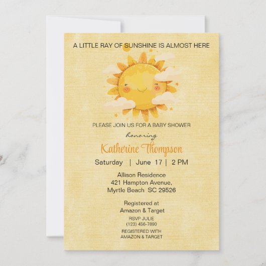 Little Ray of Sunshineベビーシャワー 招待状 (正面)