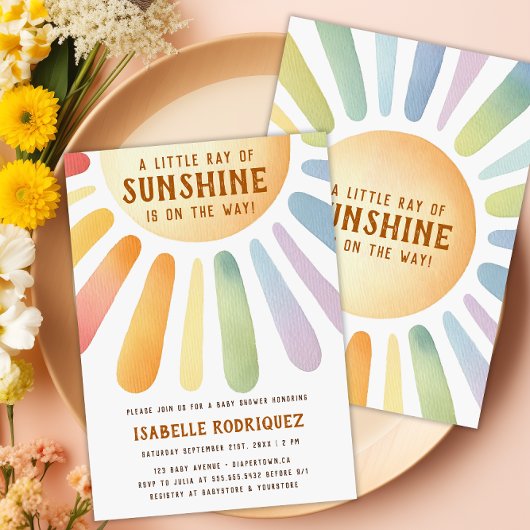 Little Ray Of Sunshine Boho Rainbow Baby Shower 招待状