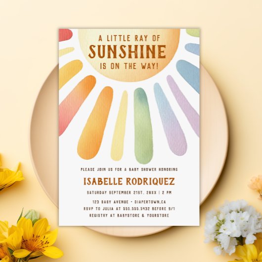 Little Ray Of Sunshine Boho Rainbow Baby Shower 招待状