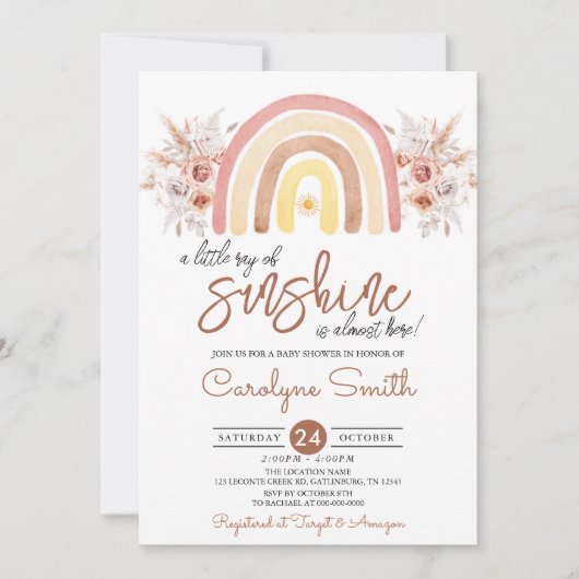 Little Ray of Sunshine Boho Rainbow Baby Shower 招待状 (正面)