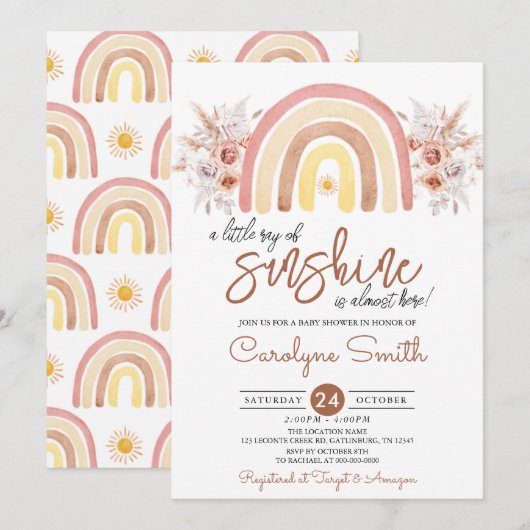 Little Ray of Sunshine Boho Rainbow Baby Shower 招待状 (正面/裏面)