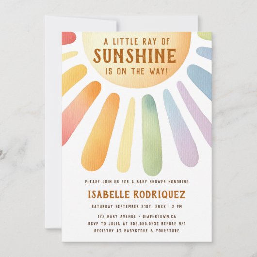 Little Ray Of Sunshine Boho Rainbow Baby Shower 招待状 (正面)