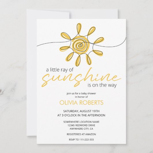 Little Ray Of Sunshine Line Art Sun Baby Shower 招待状 (正面)