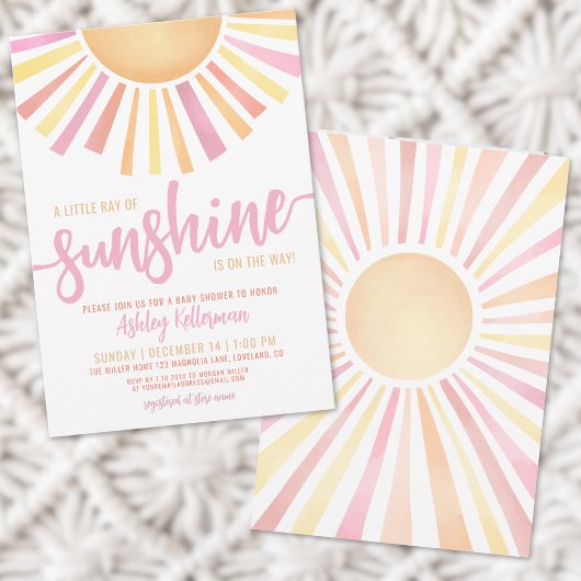 Little Ray Of Sunshine Pink Boho Baby Shower 招待状