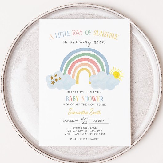 Little Ray of Sunshine Rainbow Baby Shower 招待状