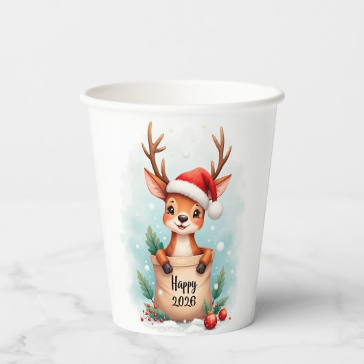 Little reindeer in a Santa hat 紙コップ (裏面)
