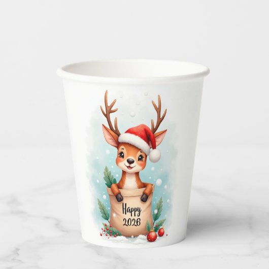 Little reindeer in a Santa hat 紙コップ (正面)