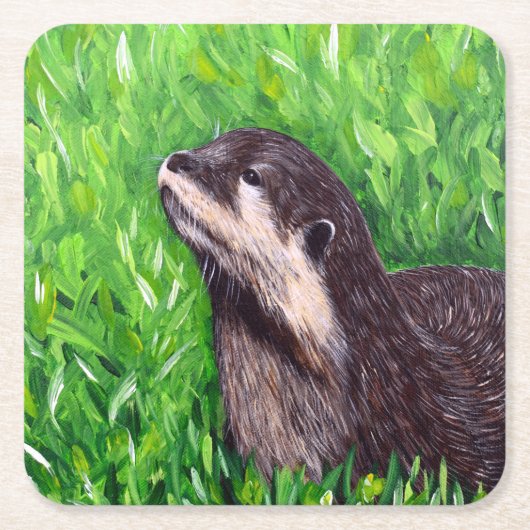 Little River Otter Painting スクエアペーパーコースター (正面)