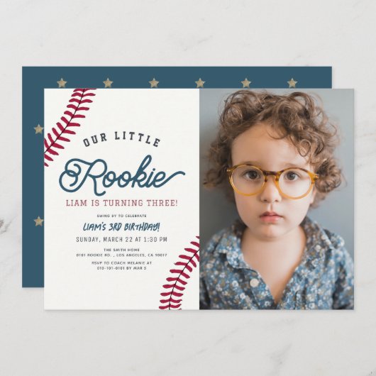 Little Rokie Baseball Boy誕生日写真 招待状 (正面/裏面)