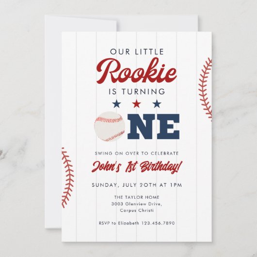 Little Rookie Baseball 1st Birthday 招待状 (正面)