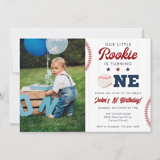 Little Rookie Baseball 1st Birthday Photo 招待状 (正面)