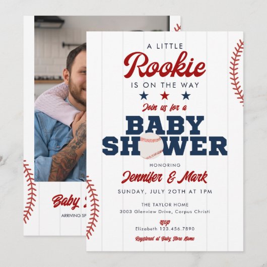 Little Rookie Baseball Photo Baby Shower 招待状 (正面/裏面)