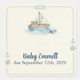 Little Sailor Aboard Blue Baby Shower スクエアシール