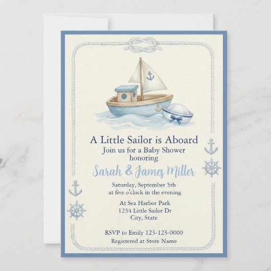 Little Sailor Aboard Blue Baby Shower Invitation 招待状 (正面)
