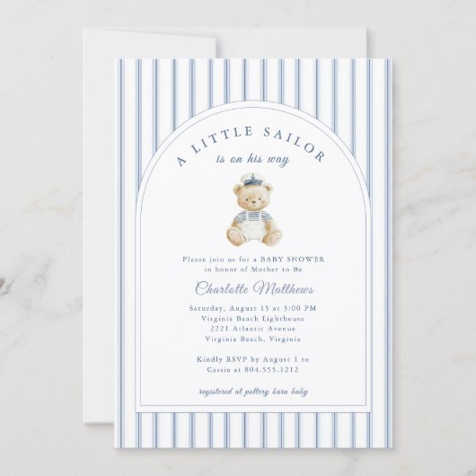 Little Sailor Bear Coastal Baby Shower Invitation 招待状 (正面)