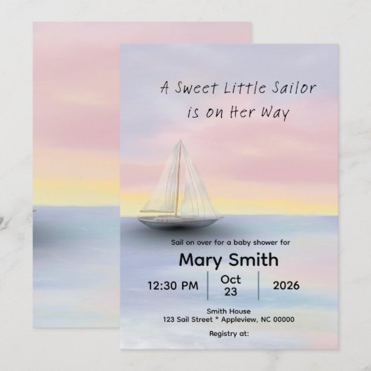 Little Sailor on Her Way Baby Shower Invite  招待状 (正面/裏面)