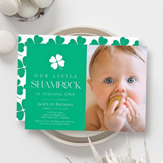 Little Shamrock Green Boy Photo 1st Birthday 招待状