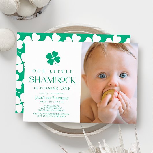 Little Shamrock Modern Boy Photo 1st Birthday 招待状