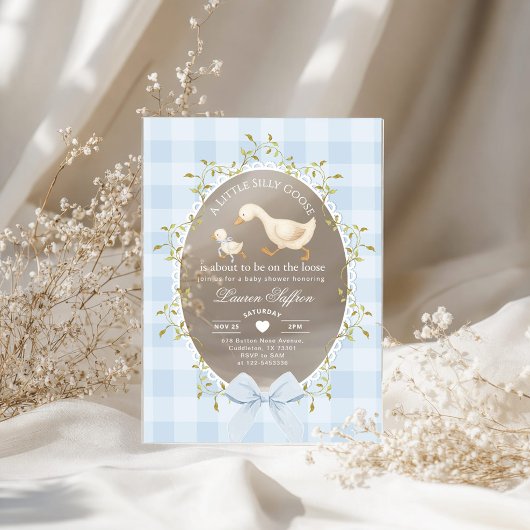 Little Silly Goose Baby Shower Blue Gingham アクリル招待状