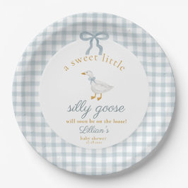 Little Silly Goose Bow Baby Shower Blue Gingham ペーパープレート