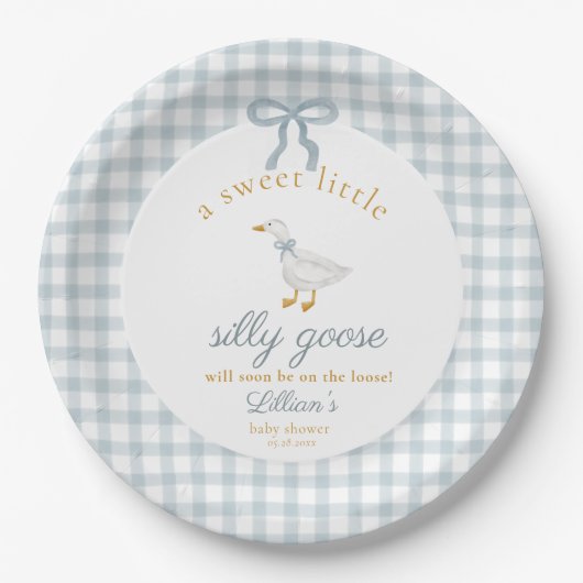 Little Silly Goose Bow Baby Shower Blue Gingham  ペーパープレート (正面)