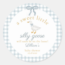 Little Silly Goose Bow Baby Shower Blue Gingham ラウンドシール