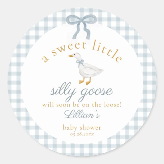 Little Silly Goose Bow Baby Shower Blue Gingham  ラウンドシール (正面)