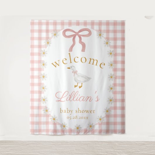 Little Silly Goose Pink Gingham Baby Shower  タペストリー (正面)
