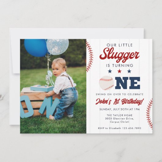 Little Slugger Baseball 1st Birthday Photo 招待状 (正面)