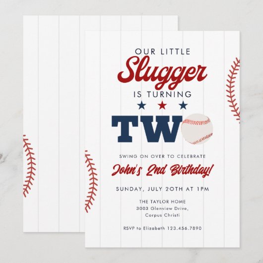 Little Slugger Baseball 2nd Birthday 招待状 (正面/裏面)