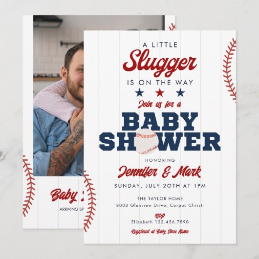 Little Slugger Baseball Photo Baby Shower 招待状 (正面/裏面)